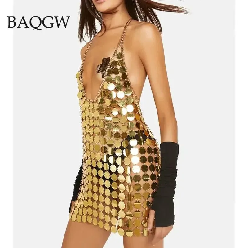 Damesmode Mouwloos Sexy Backless Glitter Zwart Goud Chainmail Pailletten Patchwork Mini-jurken Diana Silver Disc-jurk