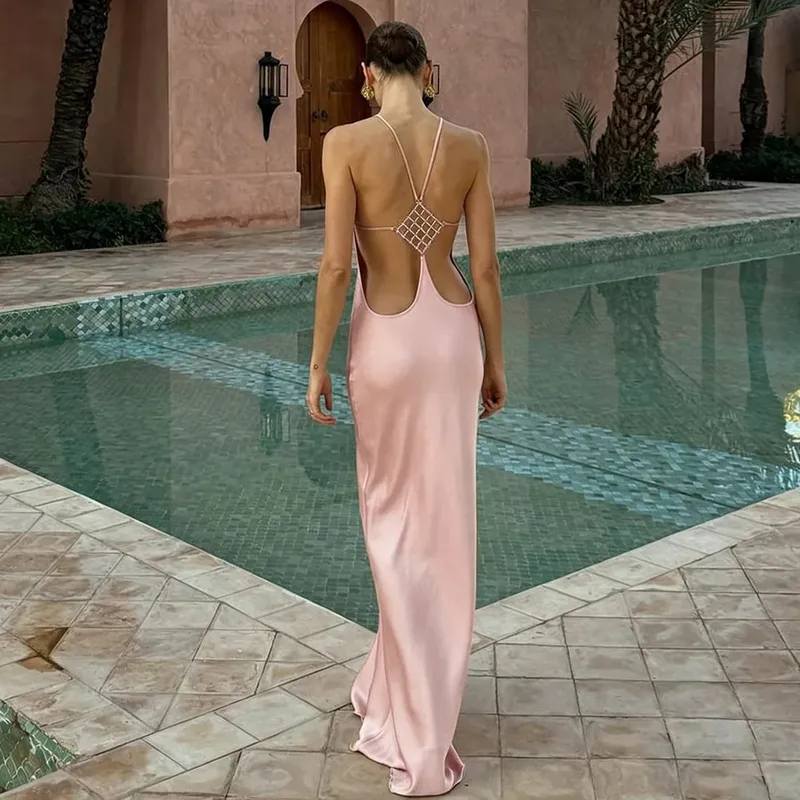 Cryptographic วันหยุดชุดลำลองของผู้หญิงเซ็กซี่ Socialite สไตล์ยาว Rhinestone Decor Slim Solid Backless ผู้หญิง Gowns