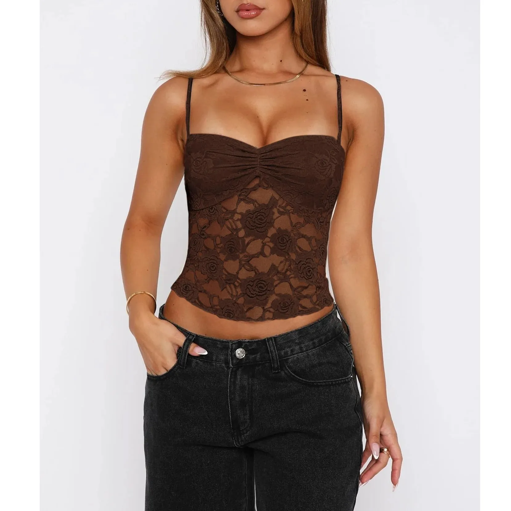 Women's Summer Lace Cami Tops Sleeveless Ruched Front Solid Color Camisole Slim Fit Tank Tops
