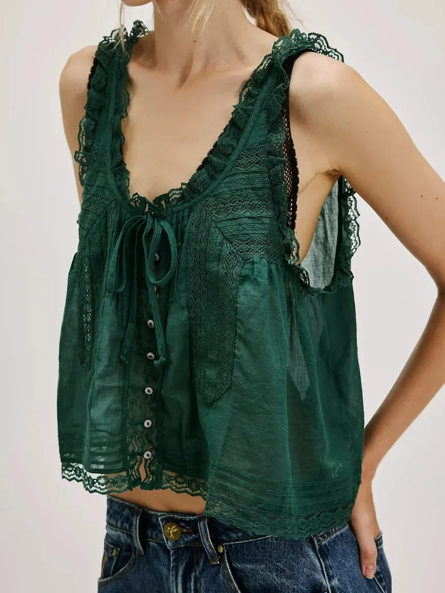 Y2K Button-up Lace Trim Patchwork Cami Tops Loose Fit Round Neck Vest Sleeveless Outwear Gilet Crop Tank Tops for Women