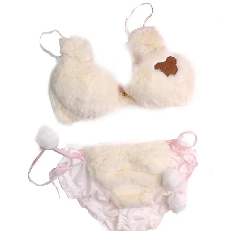 Lingerie invernale da donna con motivo panda a cartoni animati, reggiseno e mutandine in peluche peloso, biancheria intima per cosplay di anime giapponesi, scolaretta