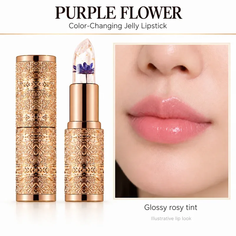 Crystal Flower Jelly Lipstick Color Changing Clear Lip Tint Glossy Pink Finish Gold Case 3 Flower Colors for Everyday Makeup