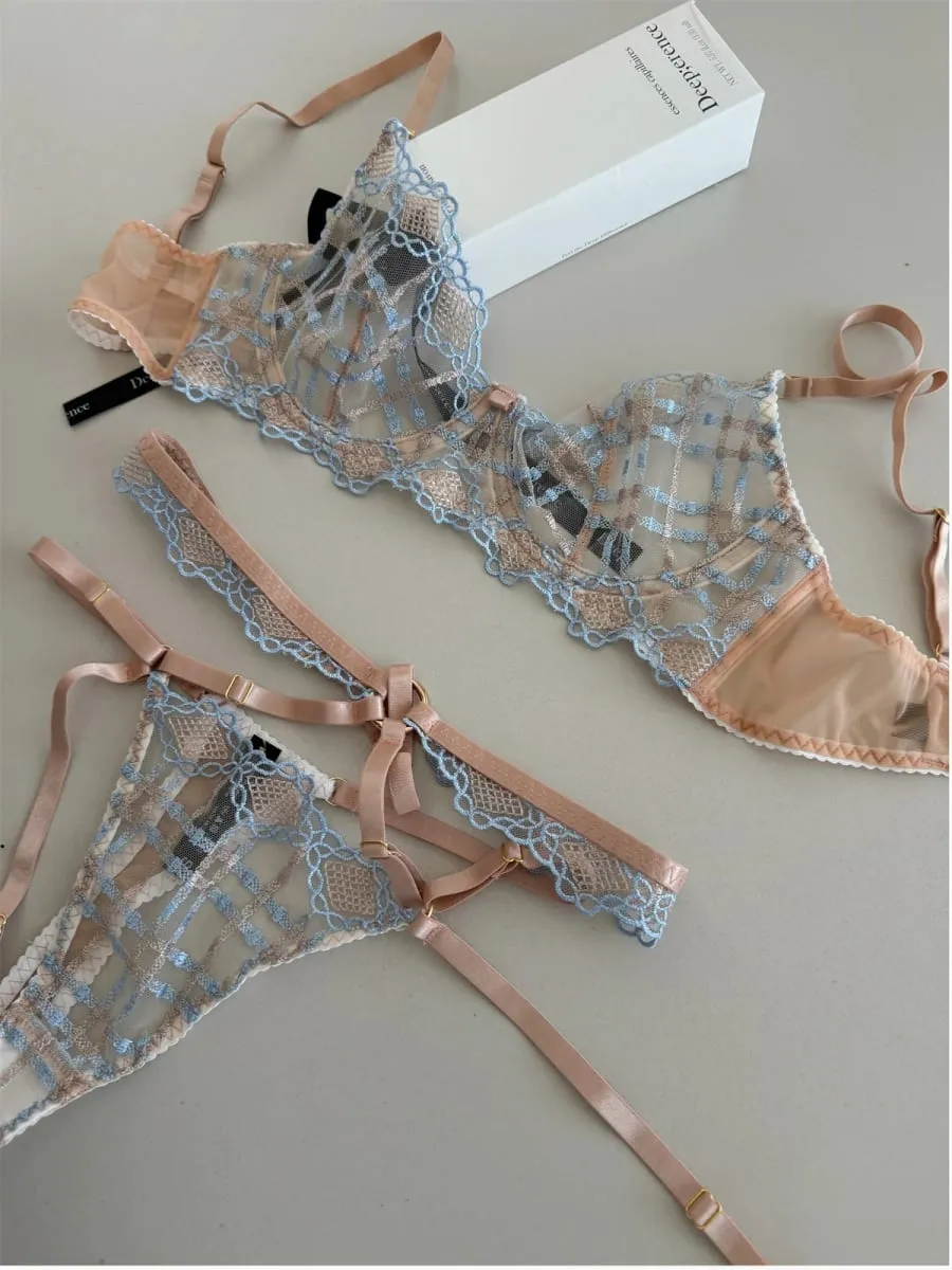 Charming lace lingerie silk thin sexy thin steel ring top support gathered bra set women push up bras thongs suit