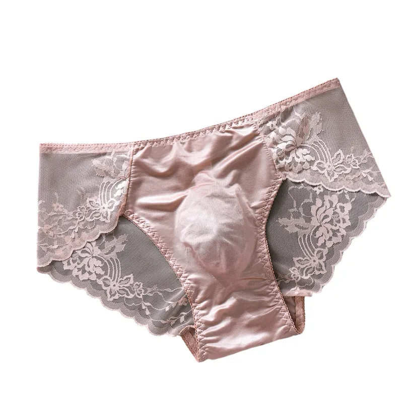 Cuecas masculinas de renda sem costura cuecas de seda gelada 3D bolsa com protuberância calcinha gay de cintura baixa