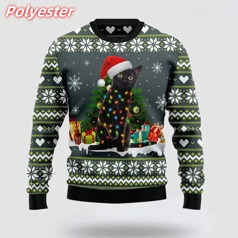3D Printed Cat Snowflake Hoodie For Men Christmas Gift Pattern Sweatshirt Casual Long Sleeves Pullovers Round Neck Hoodies