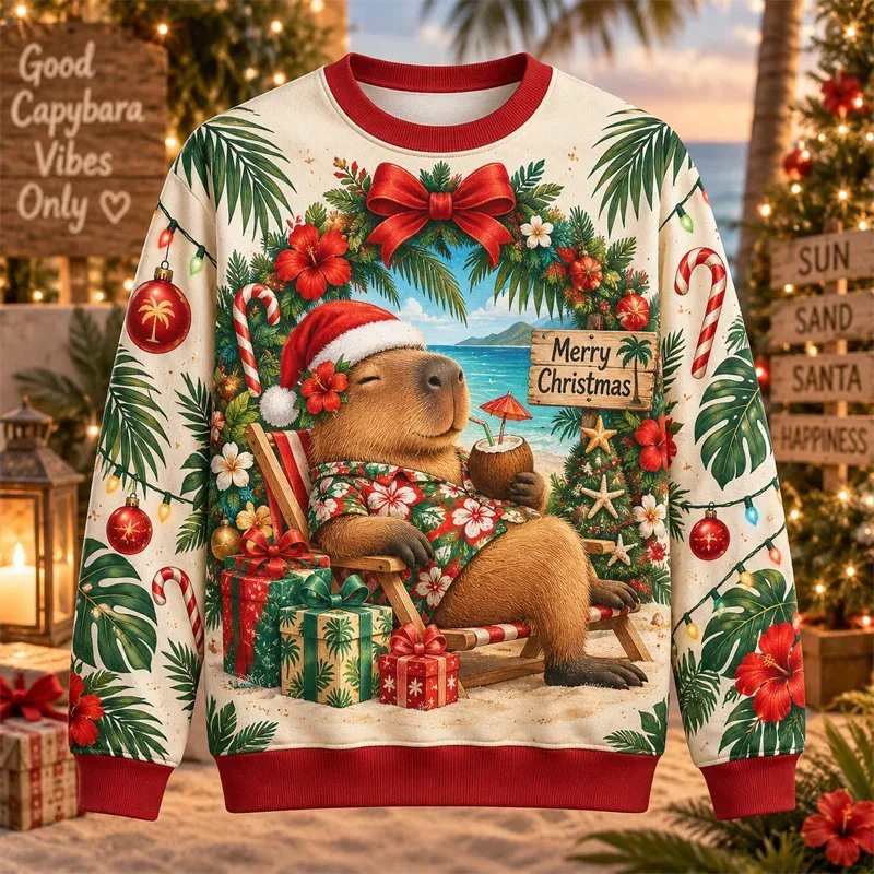 Capybara Christmas Sweater Funny Animal Holiday Graphic Crewneck Xmas Pullover Winter Party Gift Casual Streetwear Festive Top
