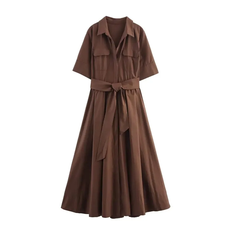 HH Women Summer Lapel Short Sleeve Pocket Single-Breasted Belt Decorate Midi Dress Female Fashion Shirt Style Pleated Dress