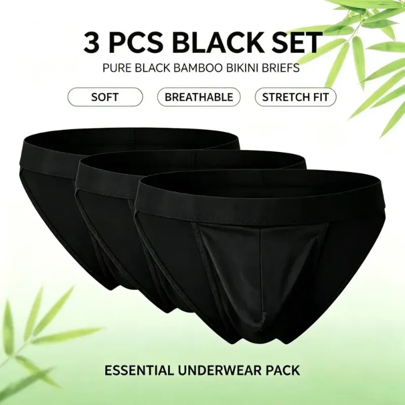 1 3-teiliges Set aus weicher Bambusfaser, hochgeschnittener Bikini-Slip für Herren, integrierter Beutel, feuchtigkeitsableitende Sportunterwäsche für das Training im Fitnessstudio