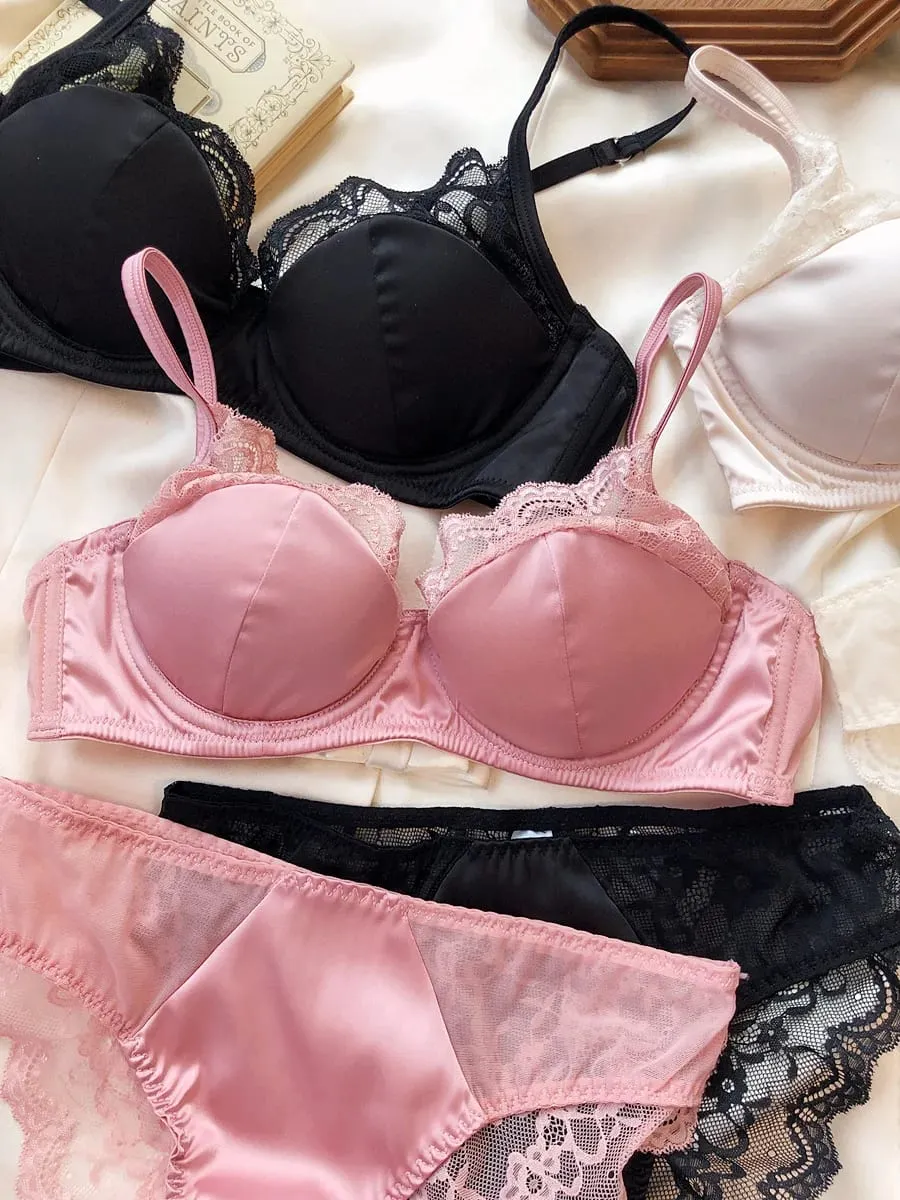 Lace satin thin section of large breasts show small gathered lingerie soft steel ring underwear set women sweet bra