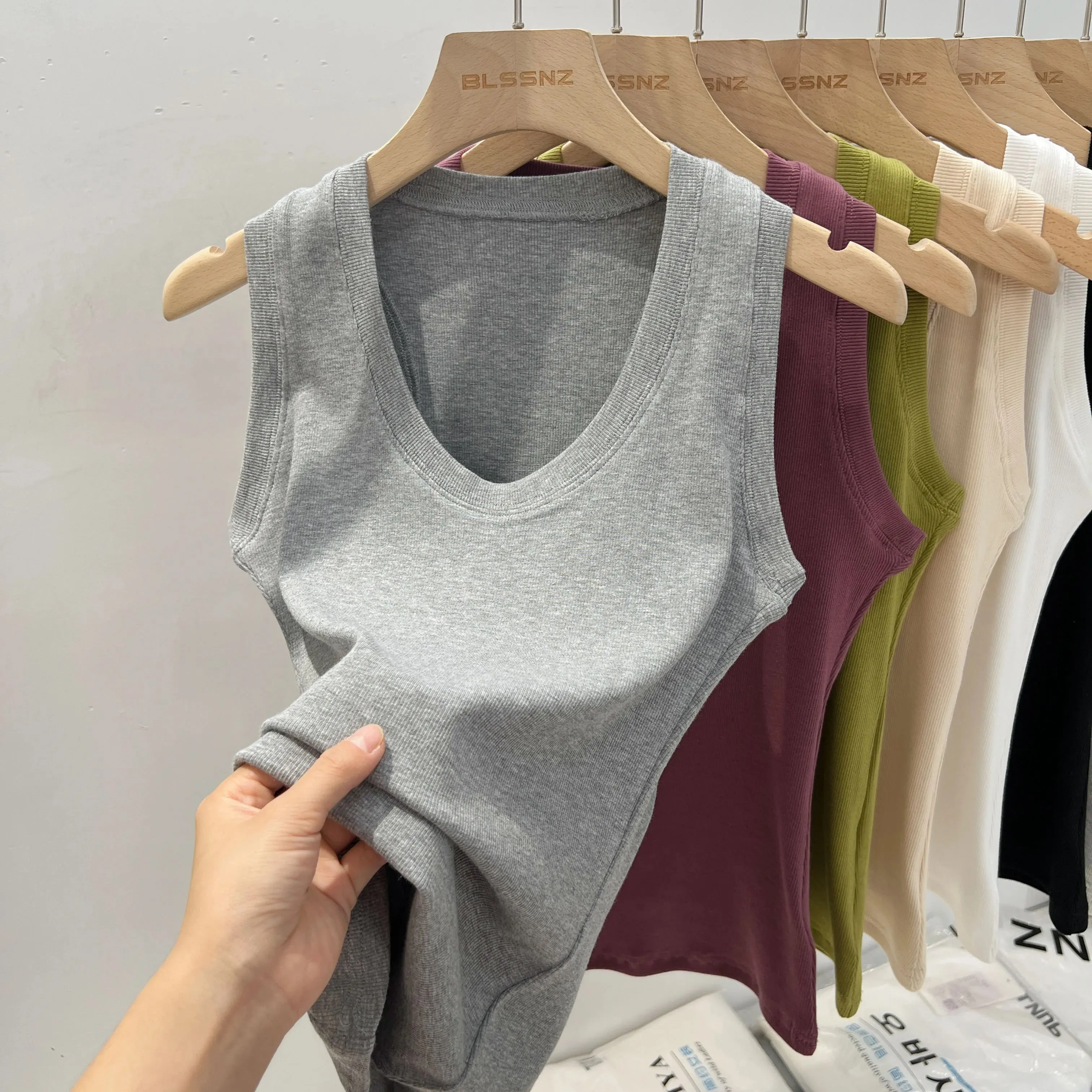 2026 Summer Basic Elastic Tank Top Women Solid Low Round Neck Ribbed Camisole Korean Style Versatile Slim Tanks & Camis