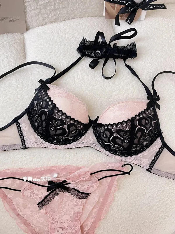 Ladies Halter Neck Lace Bra Detachable Bow Design Underwire Push Up Brassiere Side Breast Collection Daily Intimates Lingerie