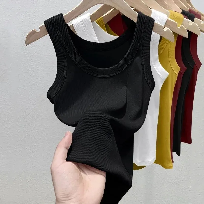 Women's Solid Round Neck RibbedTop Camisole Summer Basic Elastic Spaghetti Strap Top Lightweight Cool Base Shirt Sleeveless Vest