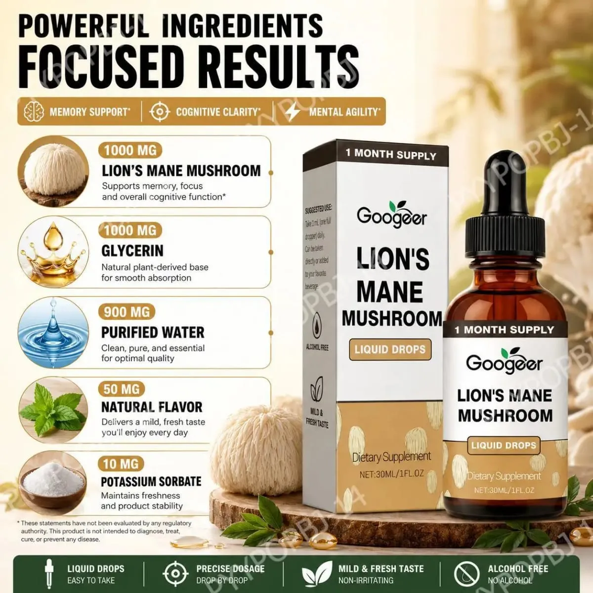 Googeer Lion's Mane Mushroom Liquid Drops Hukommelse og fokusstøtte til kognitiv klarhed Mental Agility Alkoholfri 30 ML — image 3