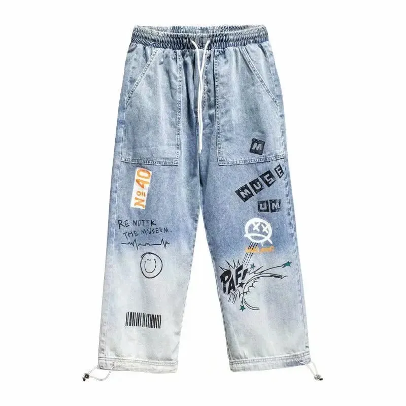 Korean Clothing Men Letter Printed Jeans High Waisted Baggy Jeans Cartoon Graffiti Hip-Hop Pants Blue Jeans