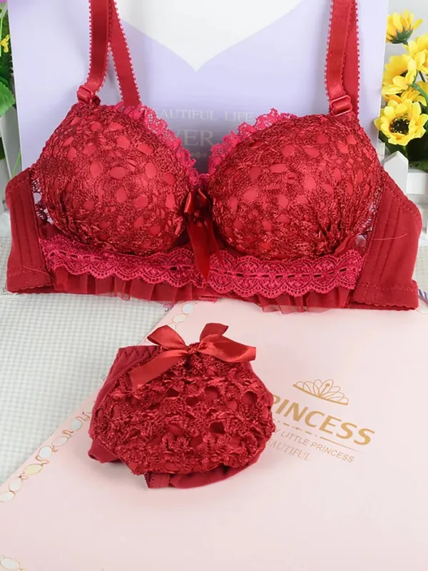 Wire‑Free Soft Push‑Up Brassiere Bra Panty Set Women Lace Lingerie Set Bow Decor Comfortable Daily Wear Intimate Underwear