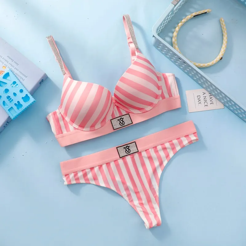 Victoria Secret Very Sexy Logo Shine Strap Push Up Bra Set Shine Script Thong Panty Women Underwear Sexy Lingerie Hot