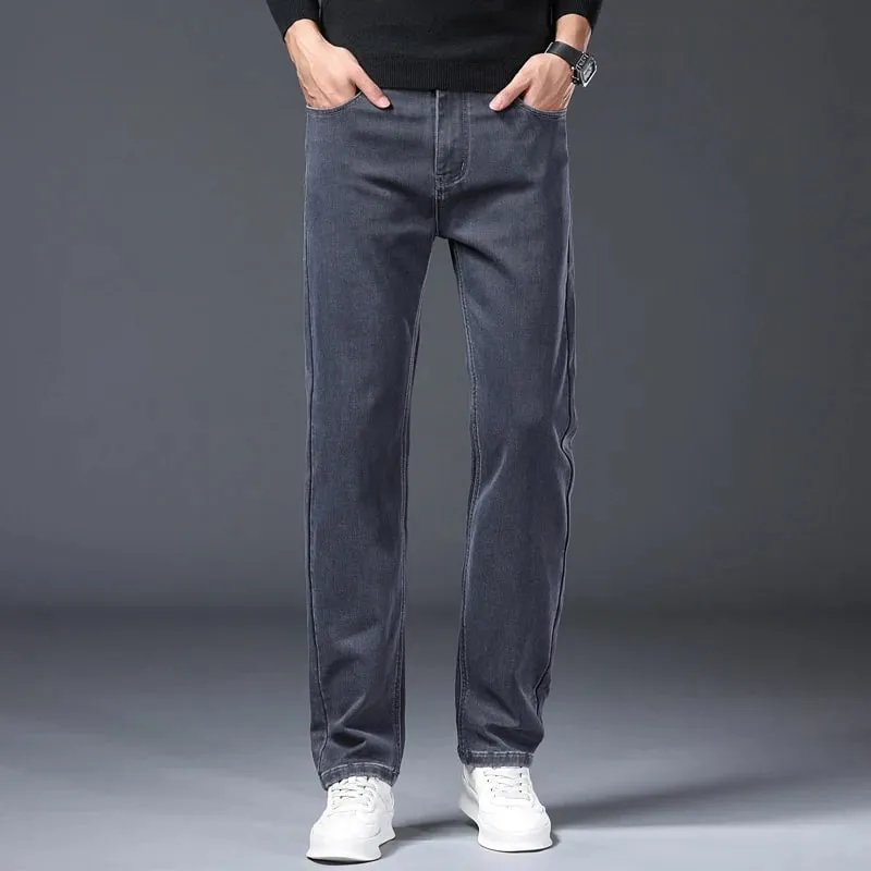 Classic Straight Men's Stretch Jeans Lyocell Cotton Comfortable Soft Casual Denim Pants Spring Business Work Gray Trousers