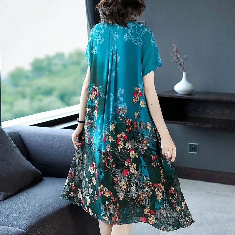 Mother Clothes Summer Chiffon Dresses O-Neck Mid-Long Printed A-line Dress Large Size Short Sleeve Middle-aged Women's Vestidos