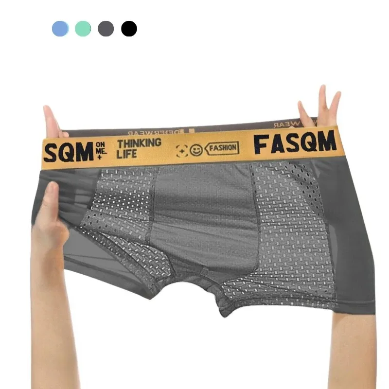 Boxer da uomo comodi e morbidi in seta ghiacciata da 1 pezzo, intimo da uomo a contrasto, costume da bagno elastico comodo e traspirante in rete