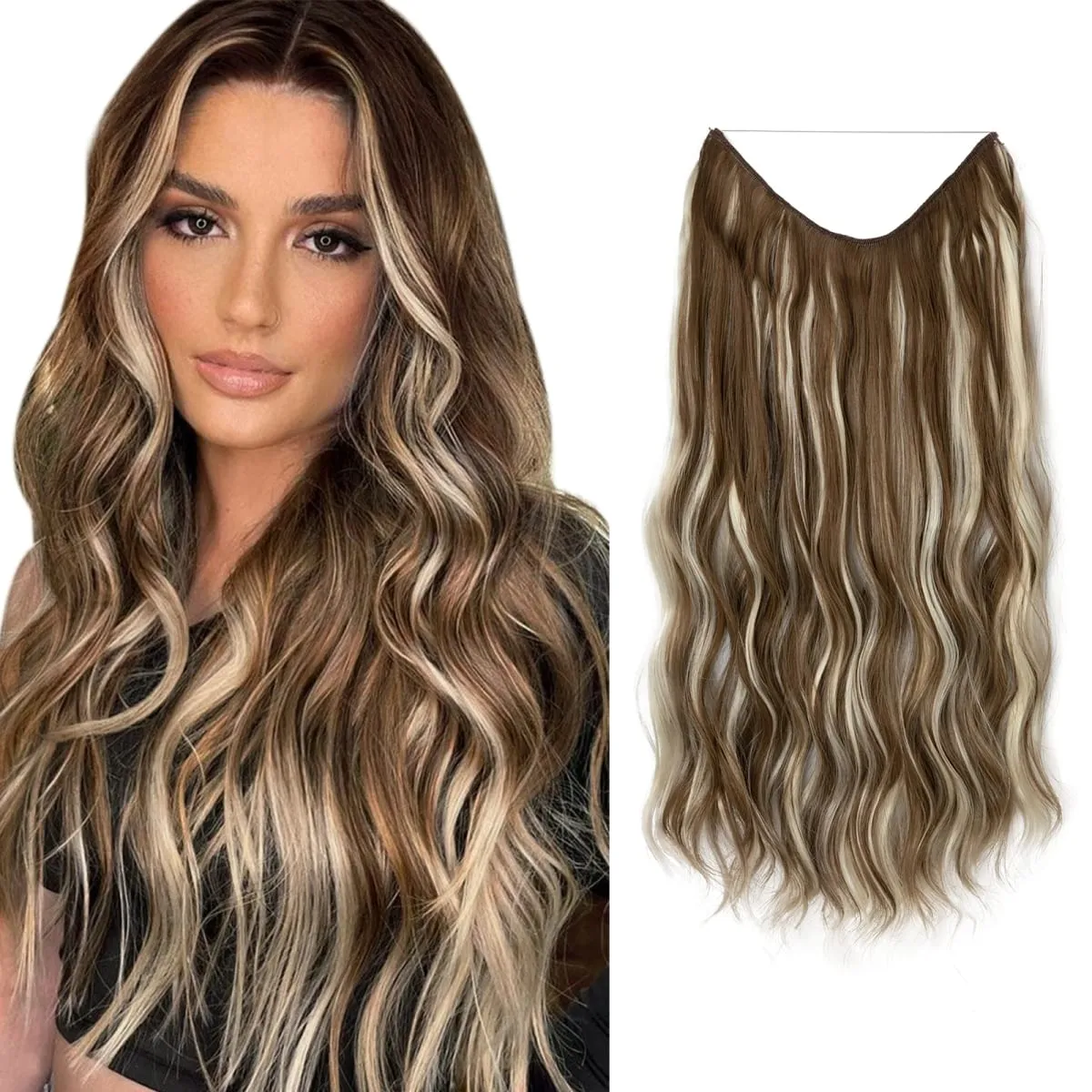 Synthetic Wave Invisible Wire With Clips Hair Extensions Fish Line Natural Blonde Clip In Hairpiece Fake Hair Piece