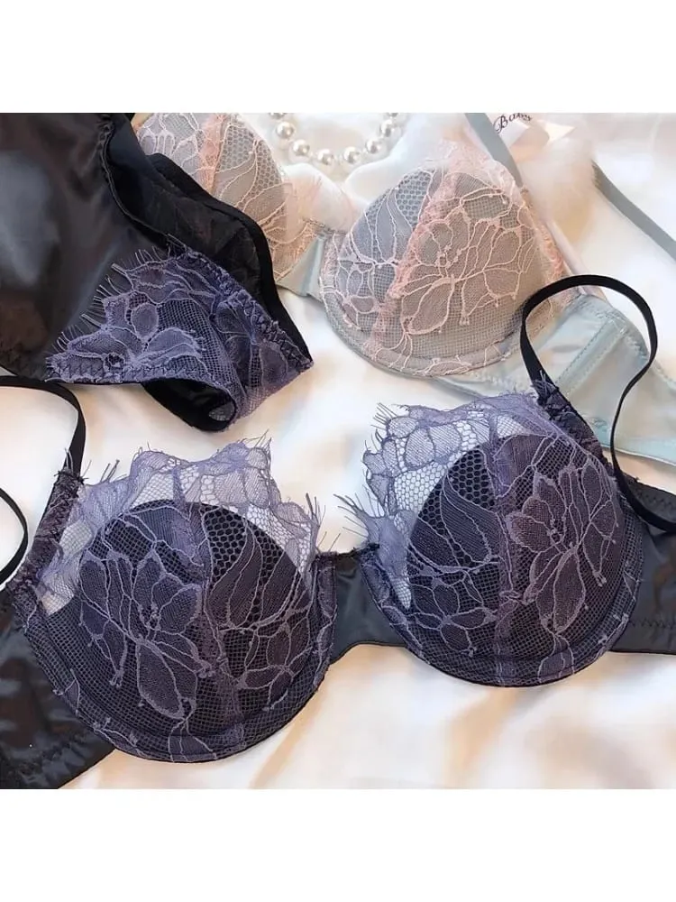 French Sexy Lacy Lacy Underwear Set Thin Bra with Big Breasts and Small Bra Soft Underwire Anti-sagging Side Milk