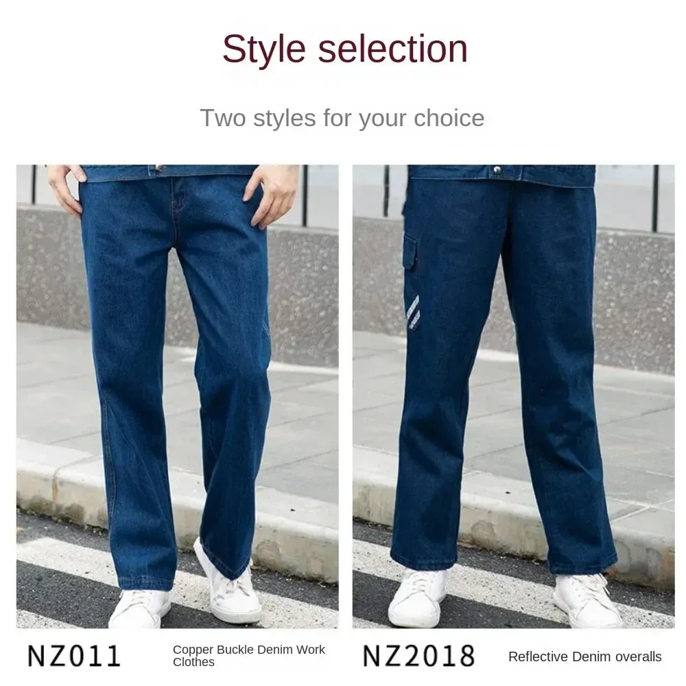 Men's Work Pants with Thick Loose Wear-resistant Welded Heat-resistant Reflective Strips Jeans Plus Size Labor Protection Pants