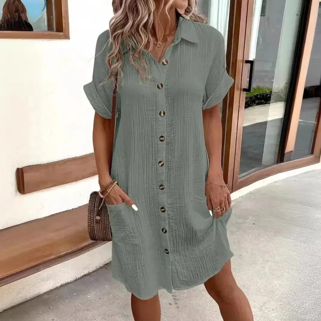 Modisches lockeres Kleid für Damen, einreihig, Raglanärmel, Kleider mit Tasche, Damen-Sommer-Tunika, kurzes Hemdkleid, Bürodame