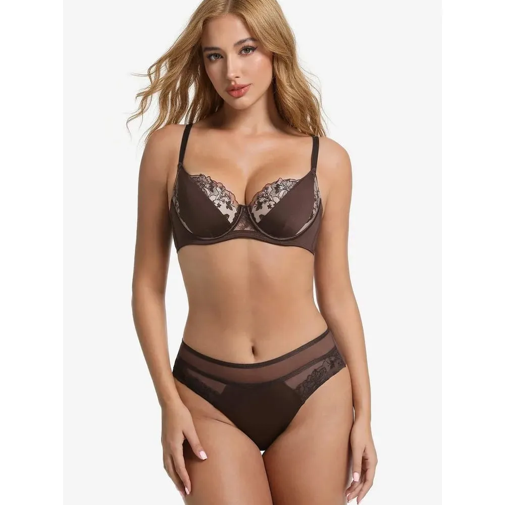 Plus Size Color Block Lace Bra Set Thin Cup Full Coverage Support Big Bust D Cup Lingerie Set Curvy Ladies Daily Wear