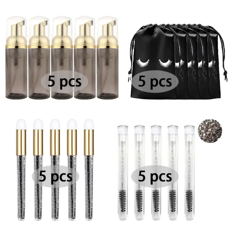 60ml Refillable Empty Plastic Pump Bottle Lash Extension Cleaning Kit Long Rod Brush Lash Curler Dust Tube EVA Storage Bag Tools