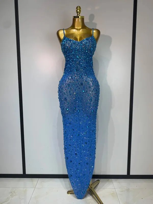 Luxury Rhinestones Sexy Mesh See Through Bodycon Dress Women Birthday Evening Cocktail party Gown Red Carpet Club Stage Outfit — image 9