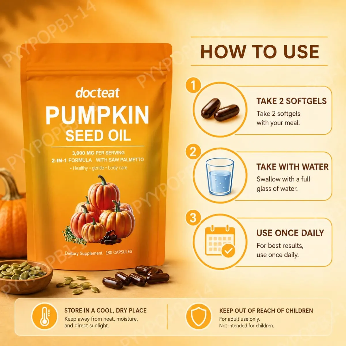 Docteat Pumpkin Seed Oil na may Saw Palmetto Capsules 2-in-1 na Formula para sa Prostate at Bladder Function Support 180 Capsules — image 6