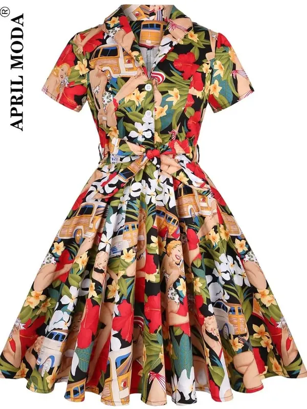 2026 Robe De Cocktail Pinup Rockabilly Dress Midi Cotton Tunic Jurken Causal Vintage 60s 1950s Big Swing Summer Party Sundress