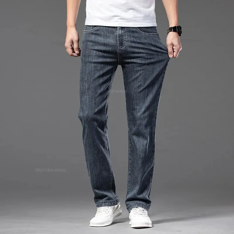 2026 Summer New Men's Thin Jeans Elastic Waist Loose Straight Comfortable Casual Denim Pants Brand Trousers Plus Size 42 44 46