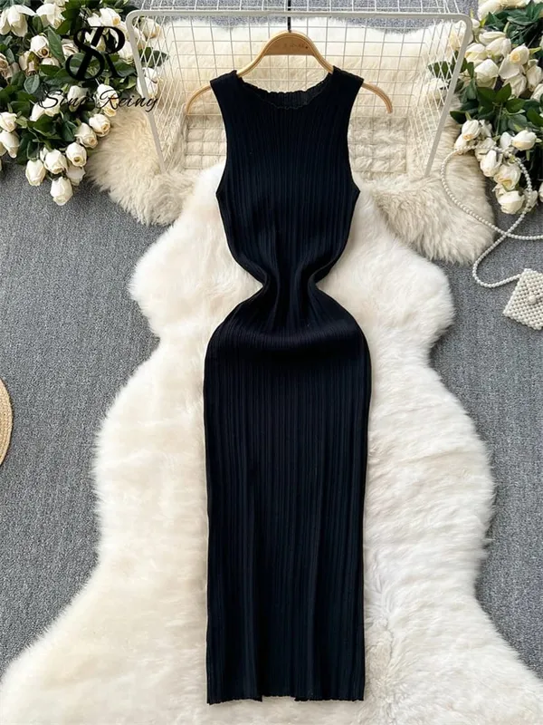 Women Sheath Long Dress O Neck Sleeveless Solid Pleated Knit Elastic Fashion Elegant Stiped Retro Sexy Bodycon Dress — image 8