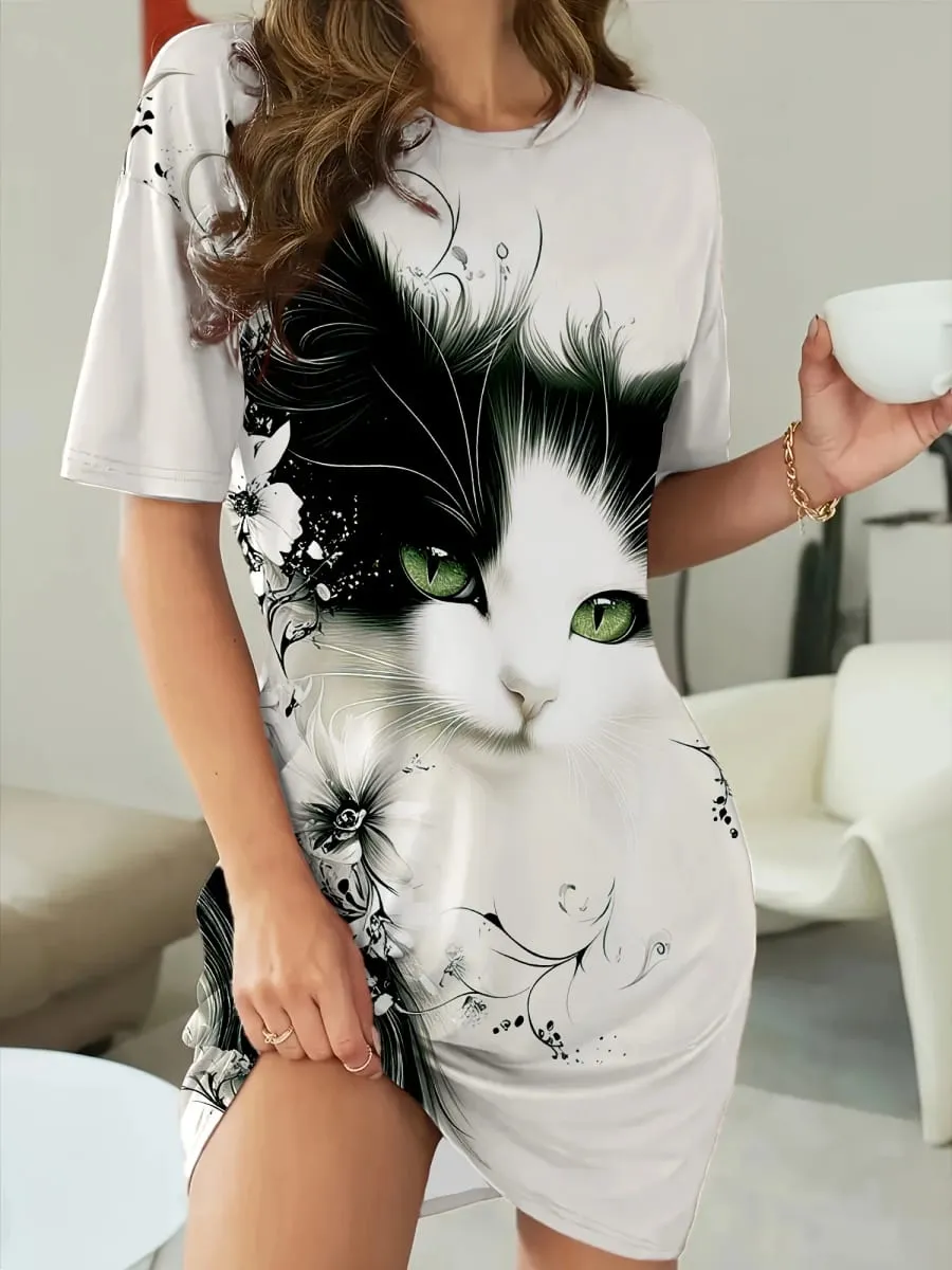 Women'S Elegant Print Dresses Soft Short Sleeve Round Neck Dress with Tabby Face Paw Cute Cat Print Design Y2k Ladies Clothes — image 5