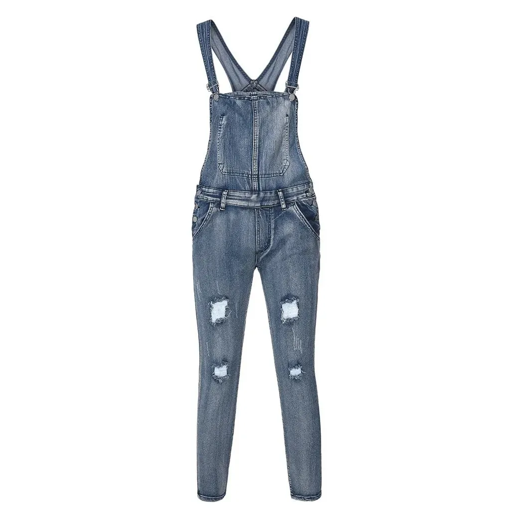 Men Jeans Overalls Washed Denim Pencil Ankle Length One Piece Hole Distressed Pockets Casual Spliced Ripped Vintage Suspenders