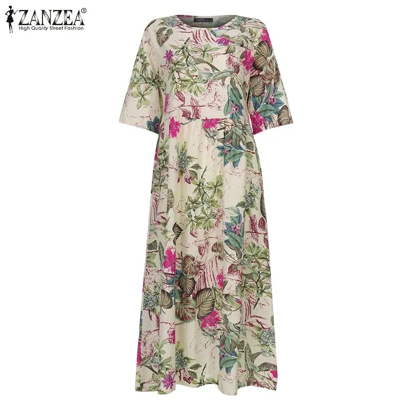 Women's Summer Short Sleeve Sundress ZANZEA Woman Floral Printed Dress Bohemian Elegant Casual Oversized Holiday Long Dresses