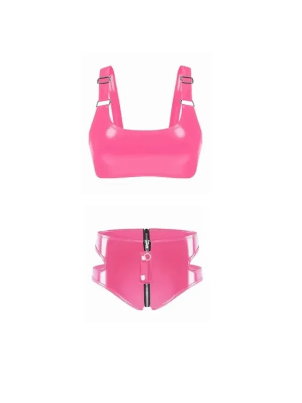 女性のウェットルック PVC フェイクレザーブラジャーランジェリーセットノンワイヤー裏地なし Bralette パンクジッパー股ブリーフクラブウェア新しい