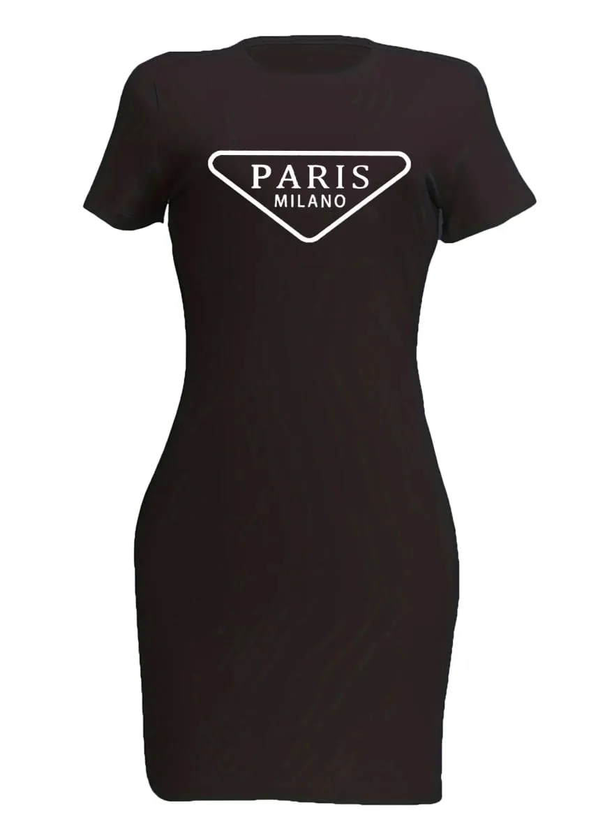 夏季女裝PARIS字母印花休閒修身短袖圓領T卹短版迷你洋裝