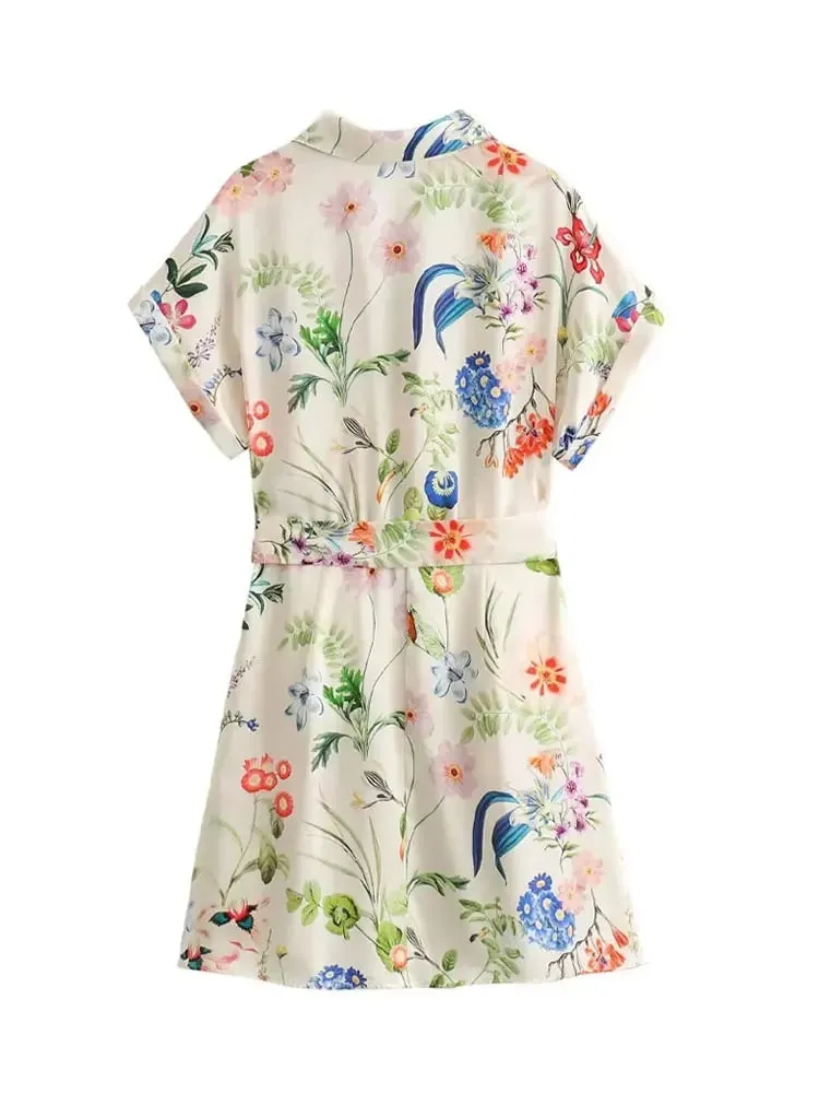 HH Casual Floral Print Shirt Dress Turn Down Collar Belt Single Button Short Dress Summer Lady Beach Party Vacation Mini Dresses
