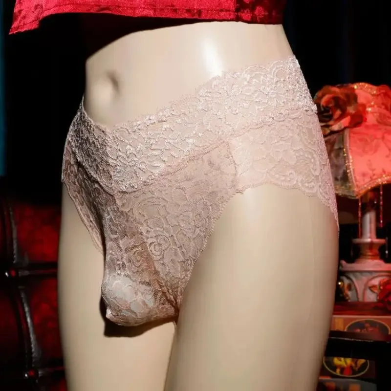 시시 파우치 속옷 남자 울트라 얇은 레이스 팬티 중공 메쉬 팬티 Crossdressing 여성화 속옷 게이 란제리