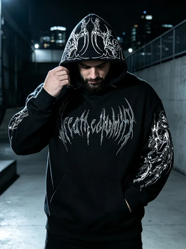 Men Alt Gothic Pullover Hoodie Y2k High Street American Style Dark Thorn Print Fleece Lined Loose Biker Fall Winter Sweatshirt