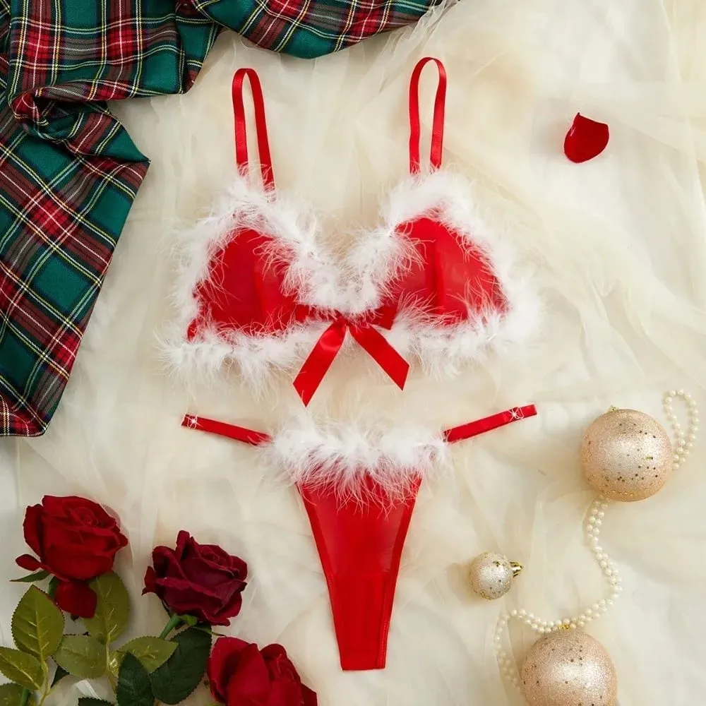 Underclothes Furry Women's Underwear Mesh Transparent Wireless Lingerie Set Bow Decor Romantic Intimate Bra Panties Suit Home