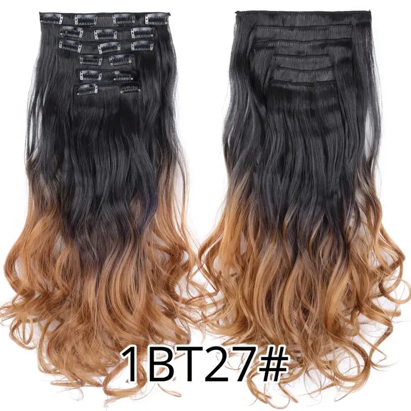 Black Clip In Extensions Straight 22" Long Synthetic Thick Clips On Hair Piece For Women 6Pcs/Set Curly Full Head Weddings Daily