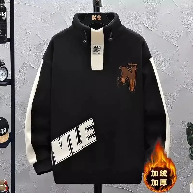 Men Clothing Autumn Winter Contrast Patchwork Thick Casual Hoodies Sweatshirts Long Sleeve Plus Size Fashion Tops Harajuku Trend