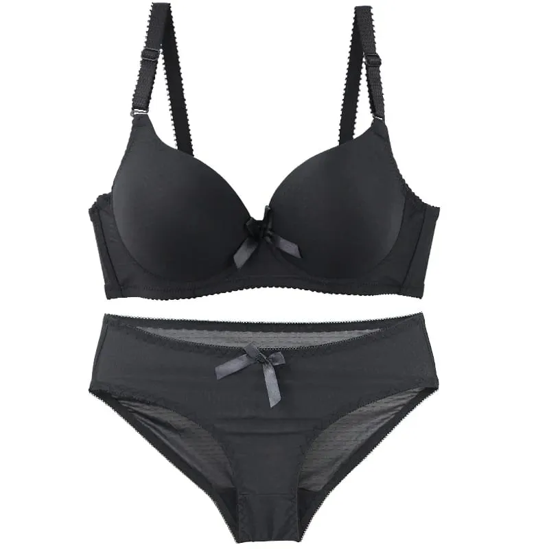 2025 New Sexy Sikn Black Blue Red Light-green Pink Bras Set Solid Smooth ABC Cup Underwear For Women Push Up Lingerie