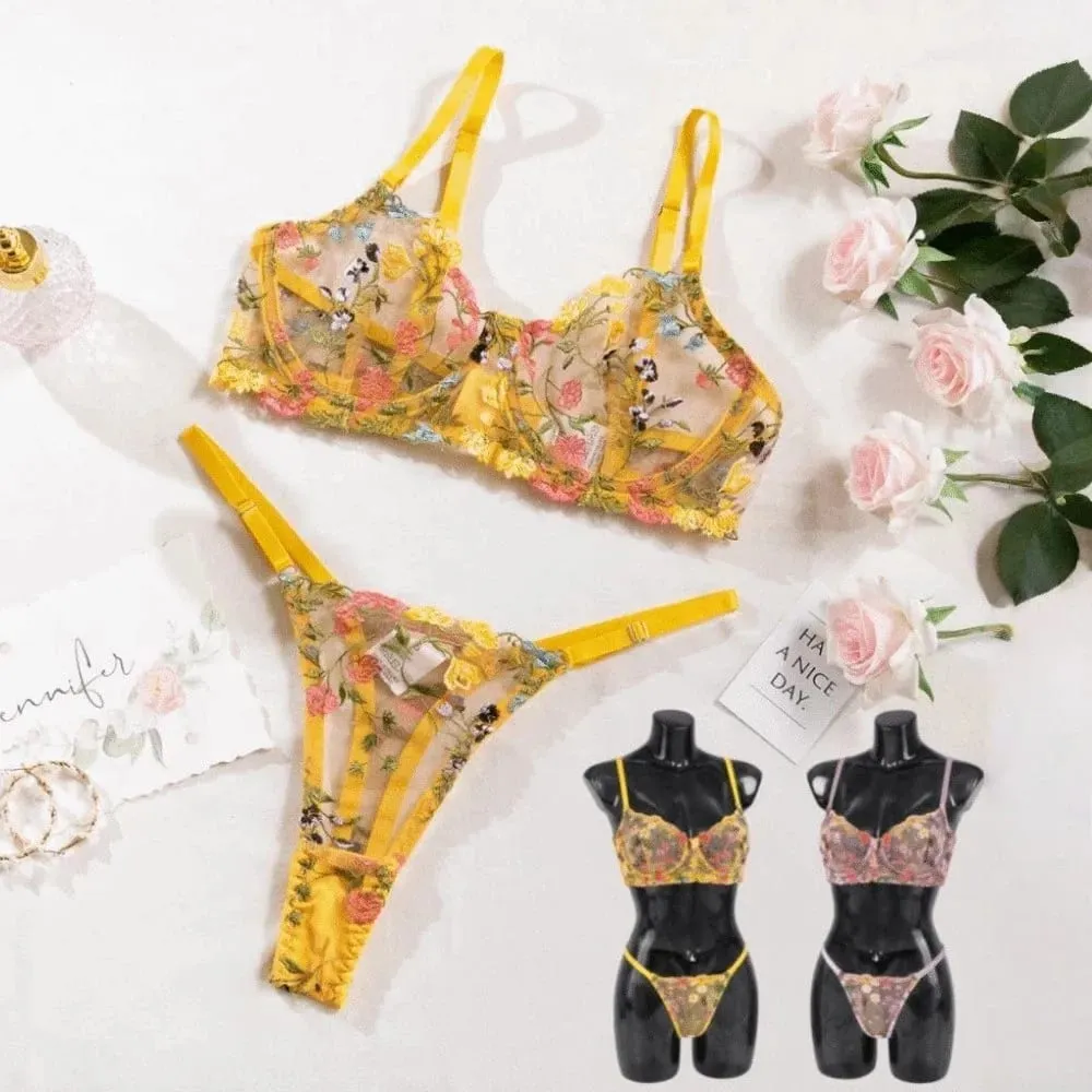 2-Piece Floral Lingerie Set Sheer Versatile Underwear Intimates Underwire Push-up Embroidery Bra Panty Set For Lady Girl — image 3