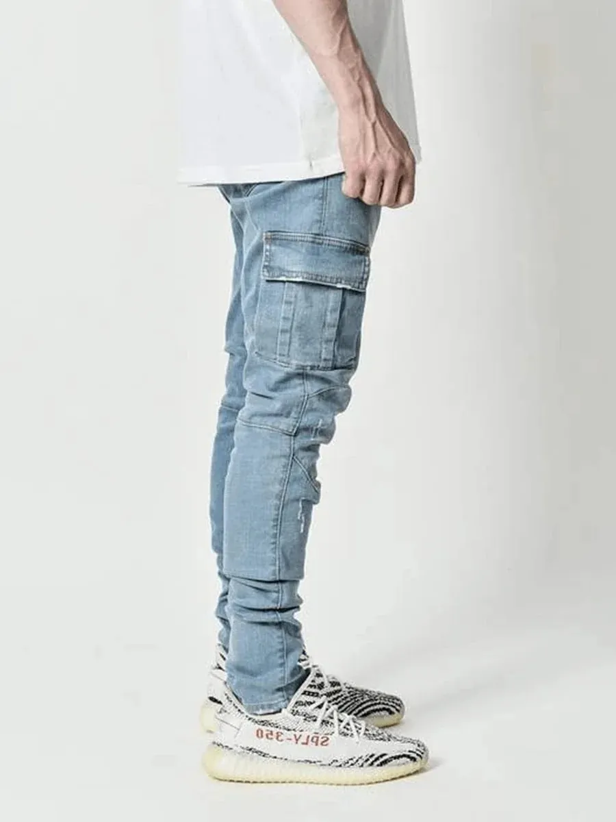 2026Jeans Men Pants Wash Solid Color Multi Pockets Denim Mid Waist Cargo Jeans Plus Size Fahsion Casual Trousers Male Daily Wear