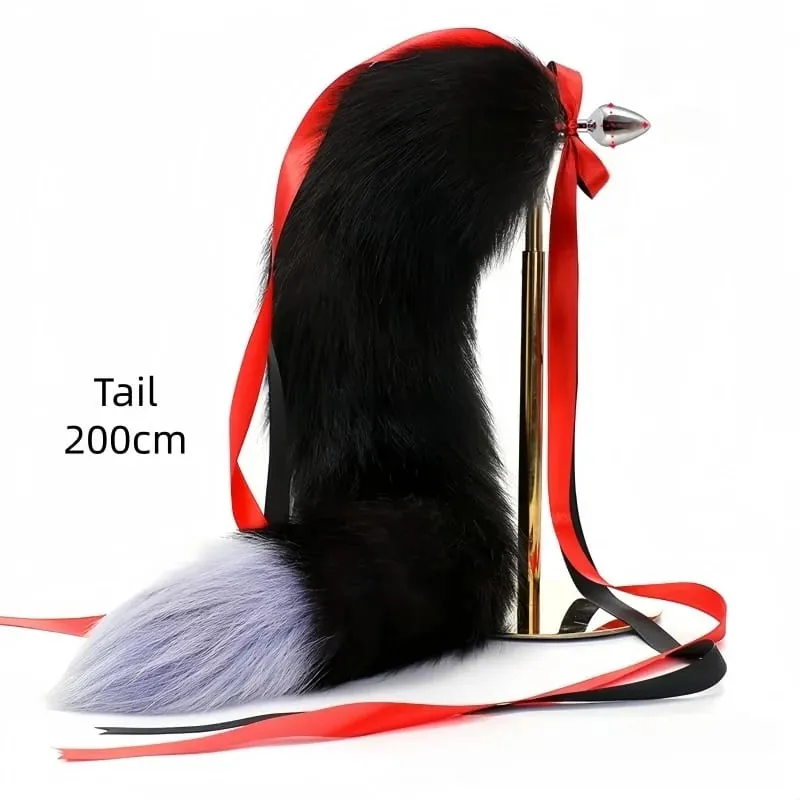 200cm Soft Real Fur Fox Tail Anal Plug with Split Design Metal Butt Plug for Women Cosplay Costume Flirt Sensory Sex Toys
