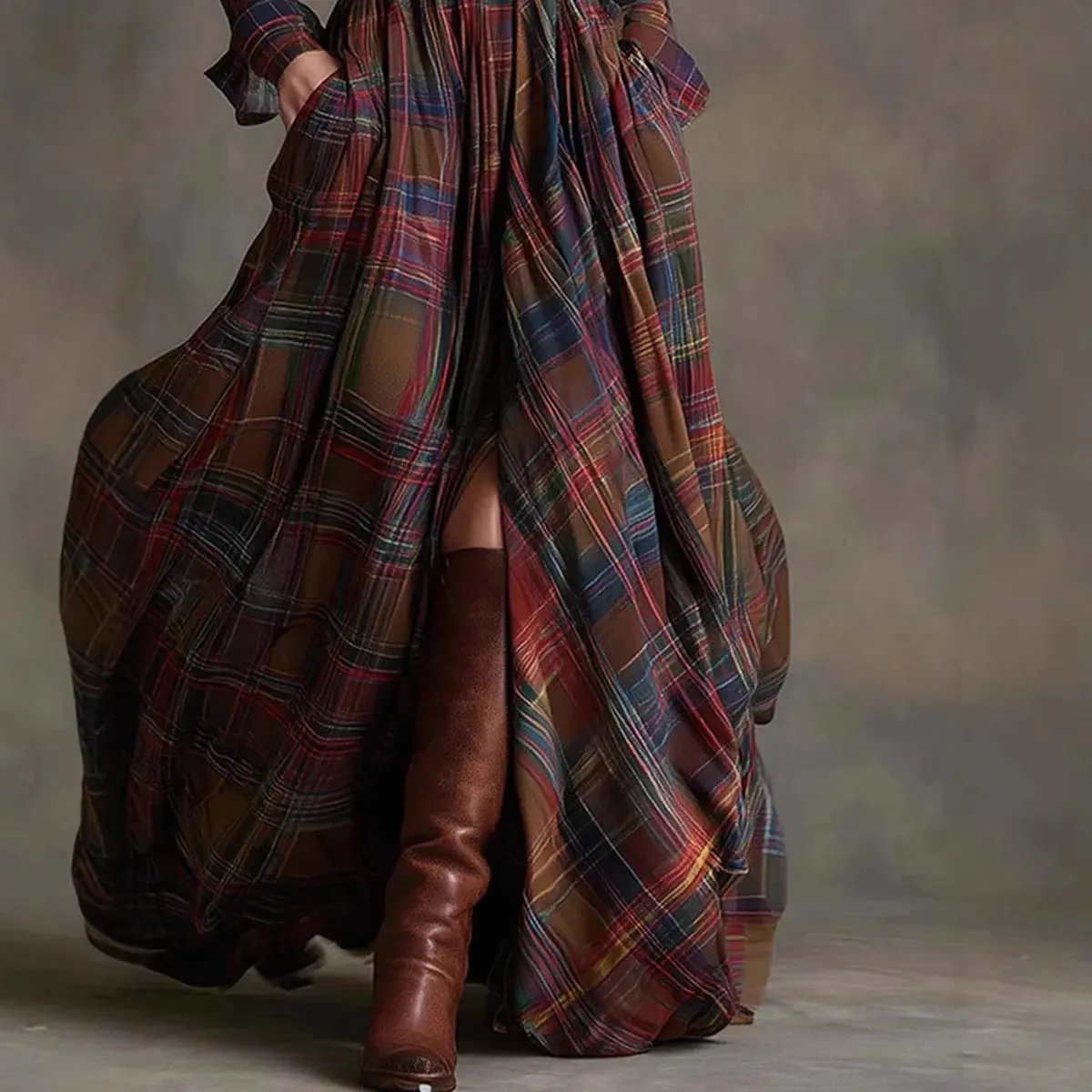 European American Women's Shirt Maxi Dress Autumn Casual Long Sleeve Button Pocket Plaid Print Lapel Retro Long Dress Vestidos